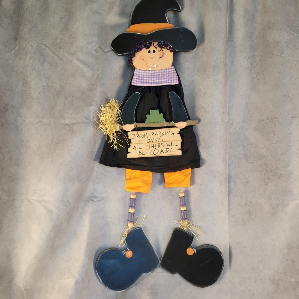 3' Vintage Halloween Witch Wooden Wall Hanging Painted "Broom Parking Only"